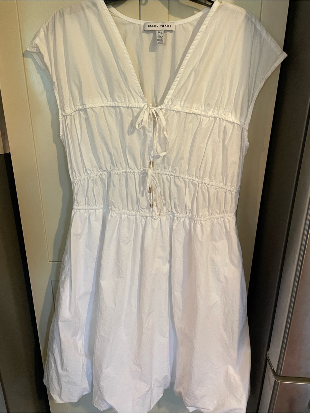 Ellen Tracy White Cotton Tiered Tie-Front Mini Dress